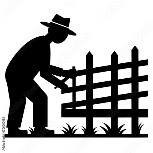 Farmer mending wooden fence silhouette with hat