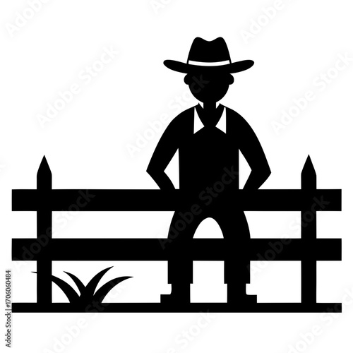 Farmer in overalls sitting on a fence silhouette