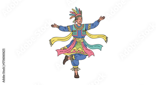 Happy man in a colorful ethnic costume with a feathered headdress performing a cultural dance.