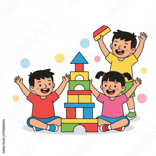 Three kids are happily building a tall tower with colorful blocks and cheering together.