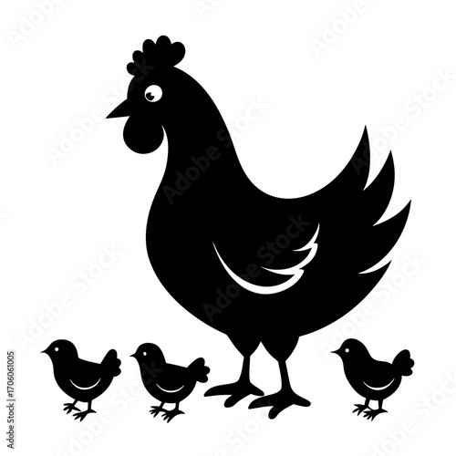 Mother hen and chicks silhouette on white background