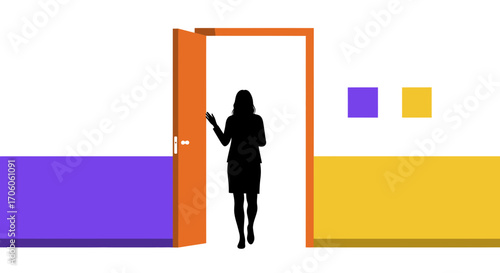 Businesswoman walks through open door, entering new opportunity, success, and growth