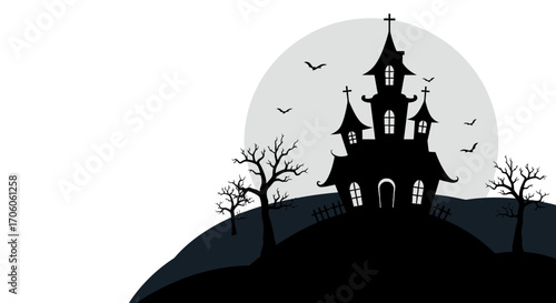 Spooky haunted house silhouette with bats and full moon for Halloween celebrations