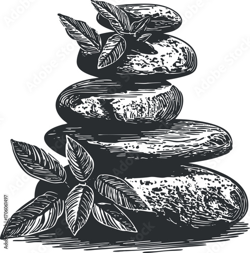 Stacked stones with leaves symbolizing balance and tranquility in nature and wellness.