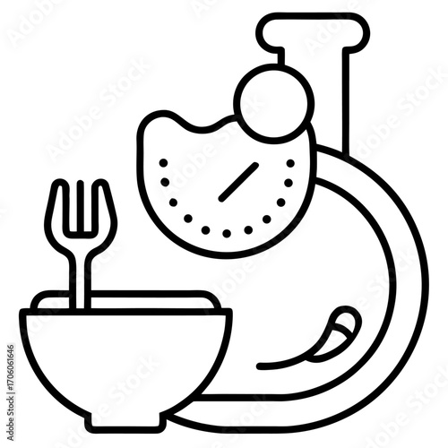 Food clock concept representing time to eat with bowl fork and plate line art illustration