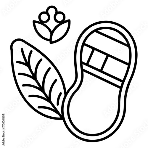 Minimalist Peanut Illustration with Leaves and Flower in Black Outline Style Freshness and Nutrition