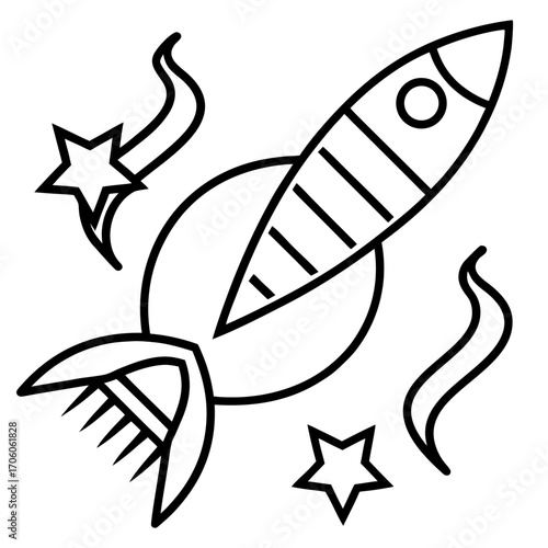 Line art rocket ship with stars orbiting a planet in black and white illustration