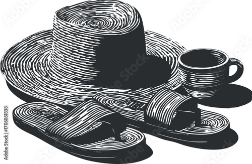 Stylish summer accessories featuring a hat sandals and a coffee cup for beach relaxation.