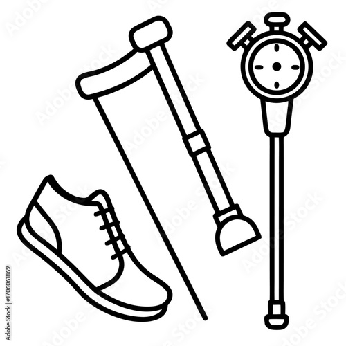 Orthopedic recovery equipment in black and white outline showing a crutch shoe and stopwatch for rehabilitation