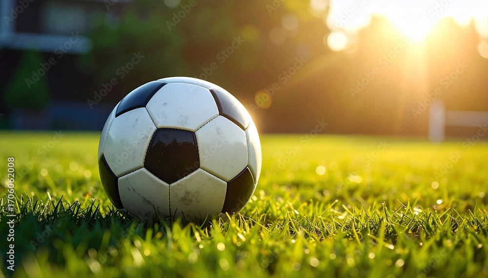 Fototapeta premium Soccer Ball on Green Grass at Sunset