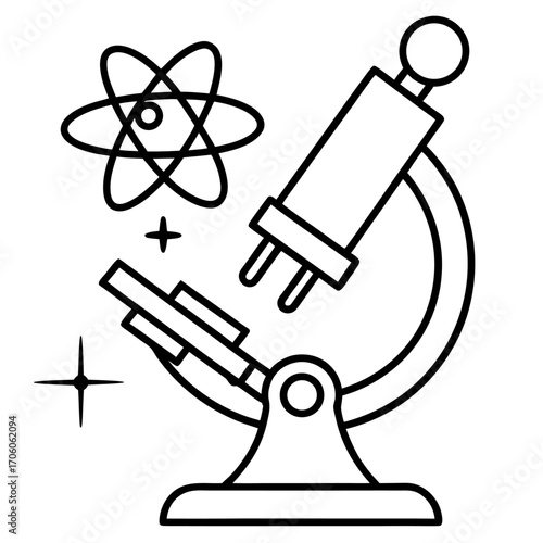 Science and research outline with microscope atom and stars representing scientific discovery exploration