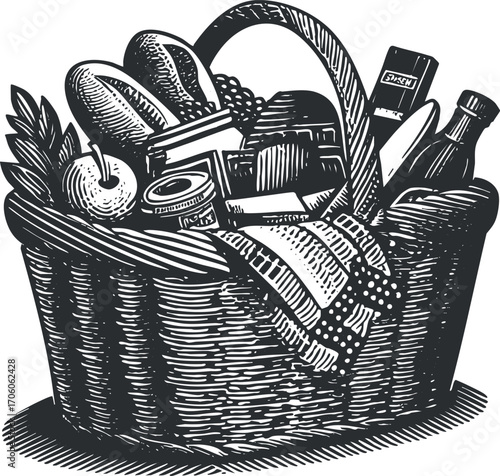 A detailed illustration of a basket filled with various grocery items and fresh produce.