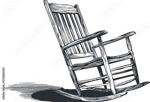 A detailed illustration of a wooden rocking chair casting a shadow on a surface.