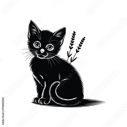 Cute Black Kitten Silhouette Illustration with Lavender Sprigs Behind its Back