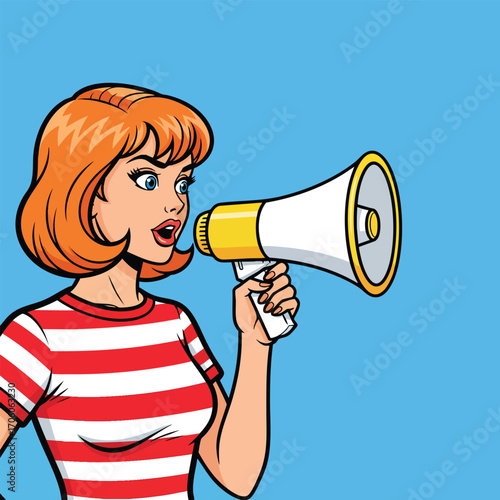 Pop art style woman with orange hair and a striped shirt shouting into a megaphone.