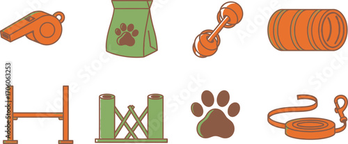 Dog Training Icons Set Whistle, Food Bag, Dumbbell, Tunnel, Hurdle, Weave Poles, Paw, Leash
