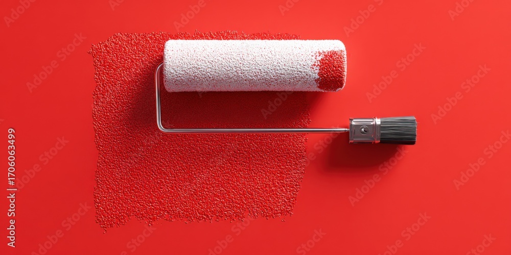 Obraz premium Paint roller applying red paint on a wall, home improvement and decoration concept