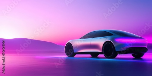 A sleek, futuristic car is set against a vibrant purple and pink sunset, creating a striking contrast between technology and nature.