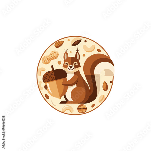 Squirrel eating nuts, Nut shop icon logo flat vector design