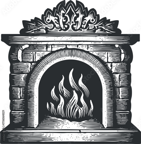 Vintage fireplace illustration featuring flames and an ornate brick design for cozy interiors.