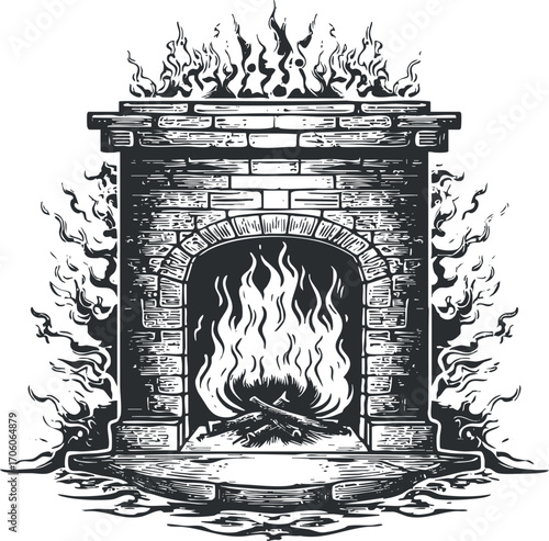 A vintage illustration of a cozy fireplace with flames and logs, perfect for home decor.