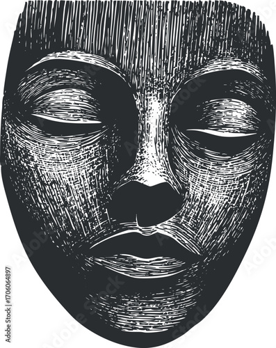An artistic representation of a stylized face mask with minimalistic features and abstract design.