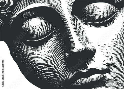 A detailed monochrome illustration of a serene face with closed eyes and calming expression.