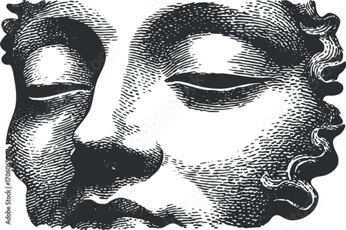 Artistic black and white illustration of a serene human face with intricate details.
