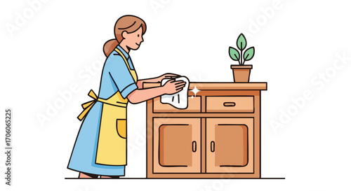 Illustration of a woman in a yellow apron cleaning a wooden cabinet with a white cloth doing household chores.
