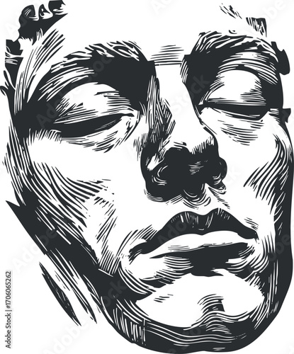 An abstract monochrome portrait representing emotion and contemplation through expressive line work.