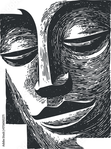 Abstract illustration of a serene face representing beauty and contemplation in black and white.