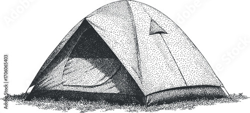 A detailed illustration of a camping tent set in a natural outdoor environment.