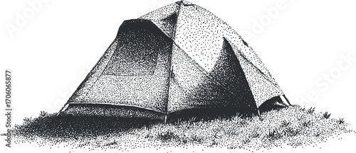 A detailed illustration of a camping tent set on grassy terrain in a natural environment.