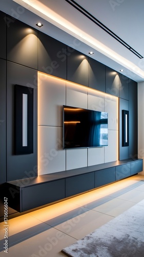 Modern living room entertainment center with ambient lighting and large television