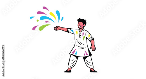 Joyful young man in traditional Indian attire throwing vibrant colors during the Holi festival celebration.
