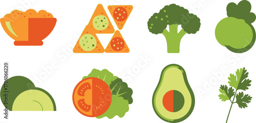 Flat of Bowl with Salsa, Nachos, Broccoli, Avocado, Tomato on white