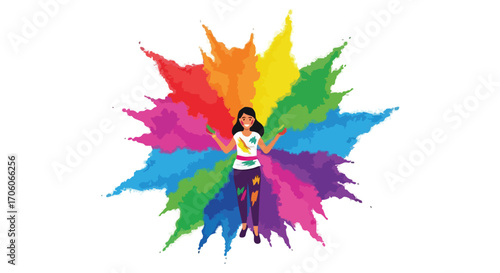 Joyful young woman celebrating the Holi festival with a vibrant explosion of colorful powder.