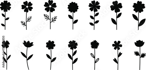Floral Flower Silhouettes, Black Flower on White Background, Botanical Design