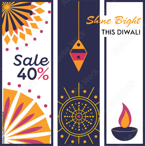 Diwali Sale Banner Designs Festive Flat Vector Illustrations with Fireworks & Lamps