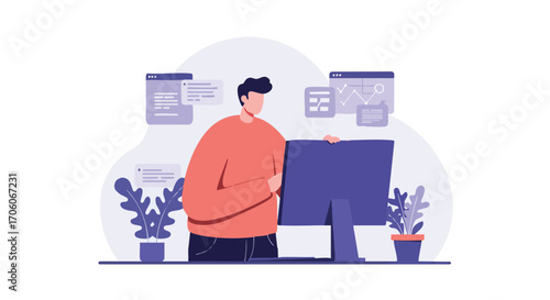 Male character standing at a desk working on a computer with floating UI windows and graphs.