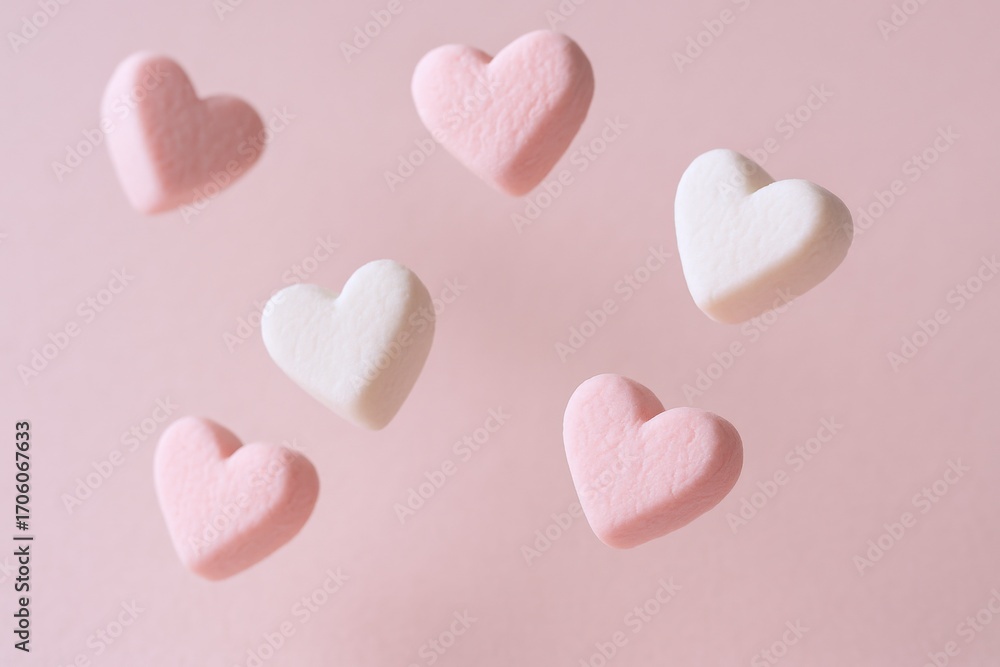 Fototapeta premium Sweet Pink and White Heart Candies Scattered on a Pink Background for Valentine's Day