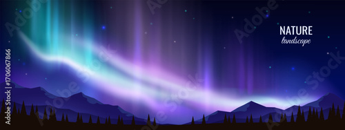 Bright northern lights over mountains. Night scene with aurora borealis. Vector illustration. Not AI-generated.