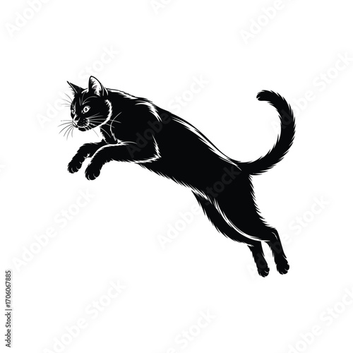 Black Cat Silhouette Illustration Jumping Vector Design for Feline Agility and Play