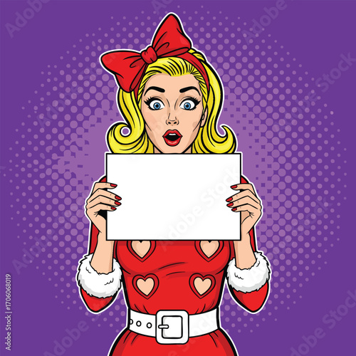 Surprised pop art woman in a red dress with a bow holding a blank white sign.