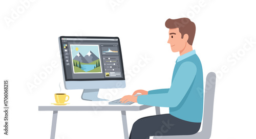 Male graphic designer editing a landscape photograph on a desktop computer at his workspace.