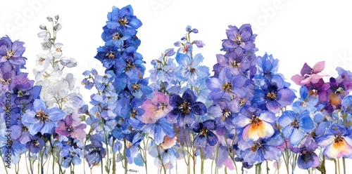 Watercolor-style artwork showcases a row of vibrant blue, purple, and white delphinium flowers against a stark white background