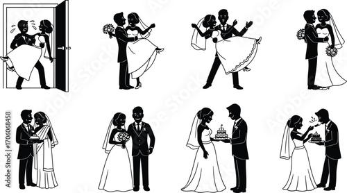Beautiful wedding couple celebrating love, bride and groom dancing, holding cake, romantic wedding moments, joyful marriage ceremony, newlywed happiness, wedding day celebration