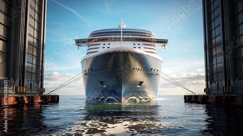 Majestic cruise ship emerges from between towering industrial structures into bright sunlight and calm ocean waters