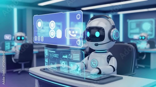 Digital robot sitting at desk in futuristic office is great for video production. Digital robot has technology with interface elements. AI bot for video background in commercial projects.