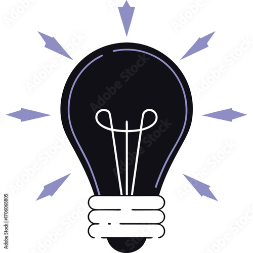 Vector art of stylized illustration of a glowing light bulb with radiating lines, representing an idea, innovation, creativity, and inspiration